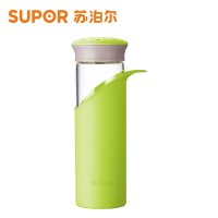 苏泊尔(SUPOR)纤巧耐热玻璃杯时尚青春便携提手大容量出行随手杯硅胶杯套手提办公出行学生水杯泡茶杯KC28/35AV1