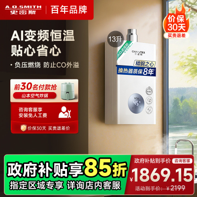 AO史密斯13升燃气热水器佳尼特 不锈钢换热器8年包换 精控恒温 抗风防冻JSQ26-TC1