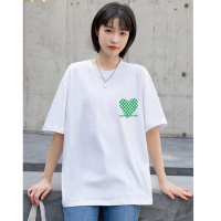 2022夏季绿色棋盘格爱心印花纯棉T恤