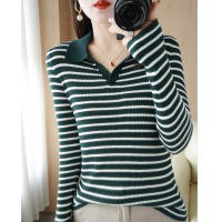 2022秋季新款POLO领条纹羊毛针织衫女气质翻领毛衣女上衣