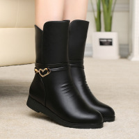 靴子女平底中筒靴2023新款冬季加绒中年妈妈防滑保暖平跟皮靴