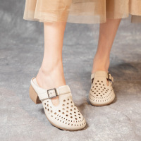 2023新款粗跟女拖鞋头层牛皮妈妈凉拖鞋手工复古女式包头拖鞋