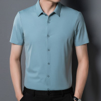 2023夏季新款男士短袖衬衫纯色薄款弹力开衫时尚中年潮流衬衣