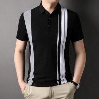 2023夏季男式t恤短袖中青年时尚条纹翻领体恤衫休闲男装