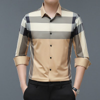 男式时尚翻领轻商务衬衣2023春季新款休闲长袖格子无痕衬衫男士