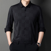 男士印花长袖衬衫2023秋季新款商务休闲中年爸爸长袖格子衬衣男