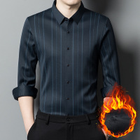 加绒衬衫男士无痕长袖中年时尚休闲条纹弹力衬衣加厚保暖寸衫