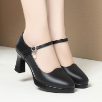 春秋季新款旗袍走秀黑色工作鞋厚底防水台粗跟一字扣高跟女士单鞋