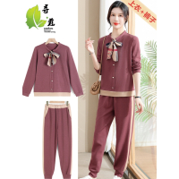 妈妈秋装套装长袖针织衫休闲装女士上衣服中老年人春秋大码两件套