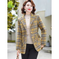 中年女装时尚西装2023新款妈妈春秋装格子短外套中老年女减龄毛呢