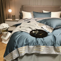 轻奢风210支新疆长绒棉四件套 全棉千鸟格刺绣被套床单床笠款