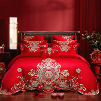 大红婚庆四件套绣花全棉刺绣 六 十件套被套结婚床上用品