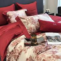 100支长绒棉印花婚庆四件套全棉结婚大红被套宽边1.8床品