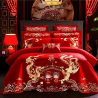 大红婚庆四件套全棉刺绣床单被套四件套床上用品厂家直供
