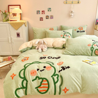 卡通牛奶绒四件套贴布绣珊瑚绒被套南通法兰绒床单被罩三件套
