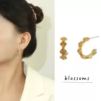 Kulana复古港风镶嵌玫瑰花C形耳环女2023新款法式气质花朵圈圈耳钉