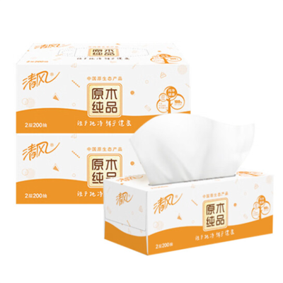 清风B338C3 200抽/盒*12盒/提 长抽纸巾硬盒抽面巾纸原木纯品