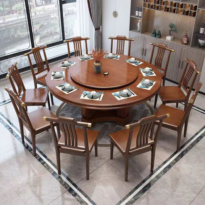新中式实木1.6米圆餐桌椅组合 带转盘大圆桌 配10把木椅高档饭店餐