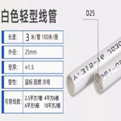 白色电线管6分 外径25MM 15根起送