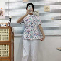 梁氏雅戈戎誓短款碎花护士服女分体套装 高端蓝色工作服短袖