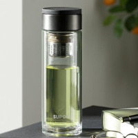 苏泊尔(SUPOR)KC38JF10集茶双享耐热玻璃杯双层玻璃泡茶水杯男女士高档商务办公车载便携家用杯子 黑380ML