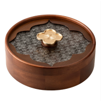 单层圆形透明木质干果盘木纹把手28cm 九宫格可拆卸内板