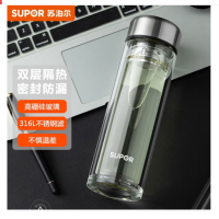 苏泊尔(SUPOR)双层耐热玻璃杯高档商务办公车载便携泡茶杯 儒雅黑330ML KC33JZ10