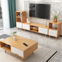 沃盛 现代简约实木北欧风格电视柜 橡木原木色+白色电视柜1.5米 加高边柜和低边柜三件套装