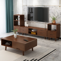 沃盛 现代简约实木北欧风格电视柜 橡木胡桃木色电视柜1.5米 加高边柜和低边柜三件套装