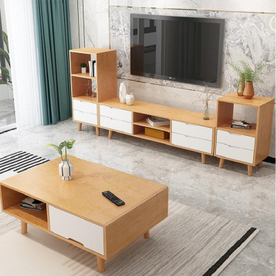 沃盛 现代简约实木北欧风格电视柜 橡木原木色+白色电视柜1.5米 带低边柜两件套装