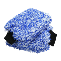 鸣固 超细纤维手套 双面大号彩色长毛珊瑚绒手套 洗车专用吸水手套 蓝白(黑色螺纹)5双