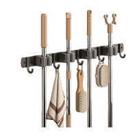 鸣固 拖把架 不锈钢拖把架免打孔多用拖把挂钩壁挂式卫生间扫把收纳夹 全灰4夹5钩双用 48*3cmCW104890