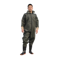 鸣固 全身防水捕鱼裤连体防水裤作业涉水裤挖藕裤 85丝 军绿色 40码(无手套)