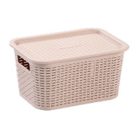 鸣固 ZJ5611多功能清洁透气带盖塑料收纳盒 书本衣物杂物镂空编织收纳箱小号 卡其色 28*19*15