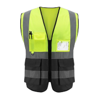 鸣固 反光背心马甲反光衣交通骑行马甲工作服 多口袋拉链款-荧光黄+黑色