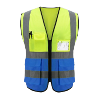 鸣固 反光背心 加厚耐磨马甲反光衣 骑行交通施工环卫荧光衣 多口袋拼色款荧光黄+蓝色