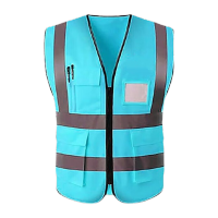 鸣固 反光背心反光马甲反光服耐磨施工环卫马甲荧光衣多口袋拉链款湖蓝色