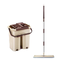 鸣固 工厂平板拖把 免手洗平板拖把 旋转墩布挤水拖把桶 咖啡色大桶 拖把桶+拖把+8块布+刮刀 KS963965