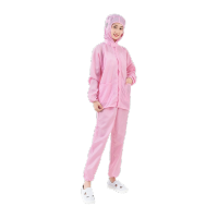 鸣固 防静电服分体带帽 洁净服防尘服无尘防护服 防尘用喷漆防护工作服 粉色 M码