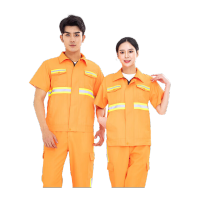 鸣固 工作服 薄款夏季加油站工作服套装 荧光橘 短袖套装 3XL