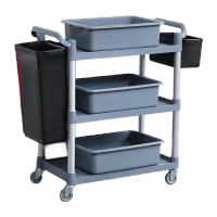 鸣固 加厚塑料餐车餐具收餐车回收餐车手推车餐厅商用多功能 中号灰色餐车升级加厚款+2桶+3盘