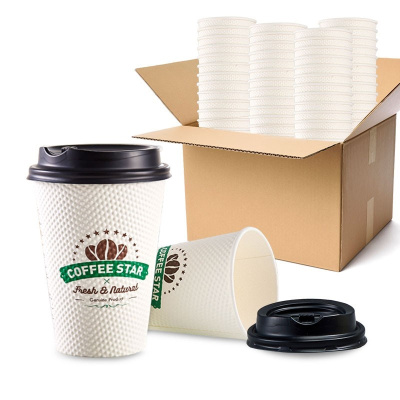 诚信达 新天力一次性纸杯双层加厚装 一次性咖啡杯 380ml*50套(带盖)奶茶杯咖啡纸杯,1000只/箱