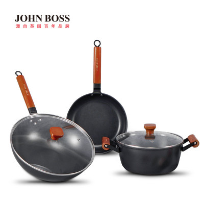 JOHN BOSS HG-T164 精铁不粘锅具三件套 炒锅煎锅汤锅三件套 明火可用带防烫盖子