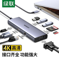 绿联(Ugreen) 15600 Type-C扩展坞USB-C转有线网卡转换器HDMI雷电3拓展坞HUB分线器 9合1