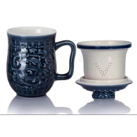 乾唐轩活瓷杯[送礼佳品]势在必得三件杯水杯茶杯陶瓷杯子送礼手工定制 宝石蓝