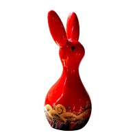 福人福地(FURENFUDI) 6.5*9.5*21.5cm 瓷兔摆件(宫墙红)-如意(海水江崖款)