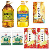 金龙鱼压榨本香菜籽油5L+纯正葵花油5L+雪花粉5KG*2+福禄献瑞来五常大米5KG+黄金产地长粒香米5KG*2