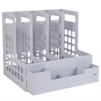 得力 四联带笔筒文件框 桌面收纳框 多层资料架多功能镂空标签资料框 文件分类 浅灰 1个装 78983