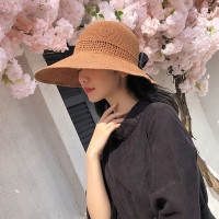 波斯丹顿帽子女士百搭大檐遮阳帽夏季旅行防晒帽子空顶蝴蝶结编织帽 焦糖色