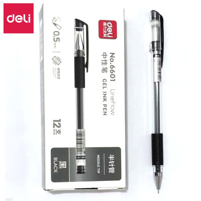 得力(deli) 0.5mm子弹头中性笔水笔 签字笔办公学生文具中性笔 6601黑色[12支装]0.5mm半针管 12支